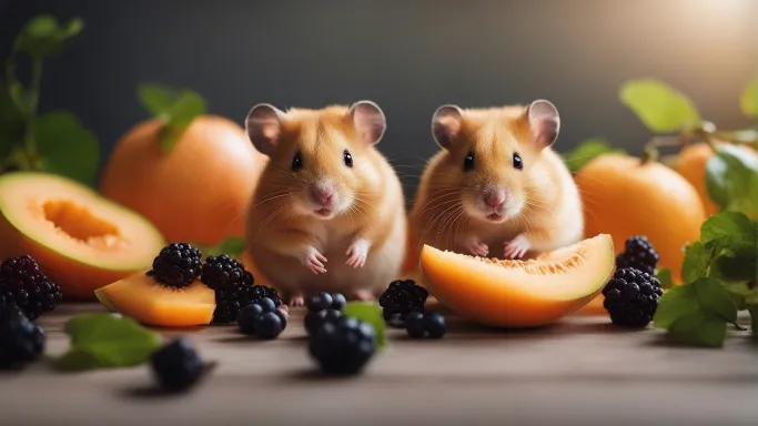 a hamster and cantaloupe surrounded by berries and fruit