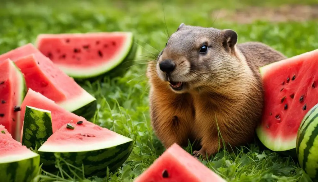 Groundhog enjoying watermelon