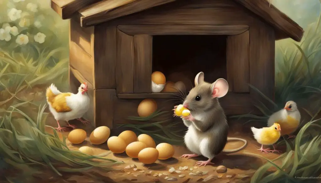 Mouse eating chicken egg